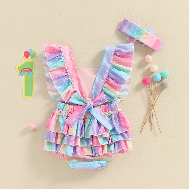 Newborn Baby Girls Rompers Cotton Baby Girl Clothes Letter Rainbow Dot Print Ruffle Jumpsuits 2pc Outfits Sunsuit Baby Clothing