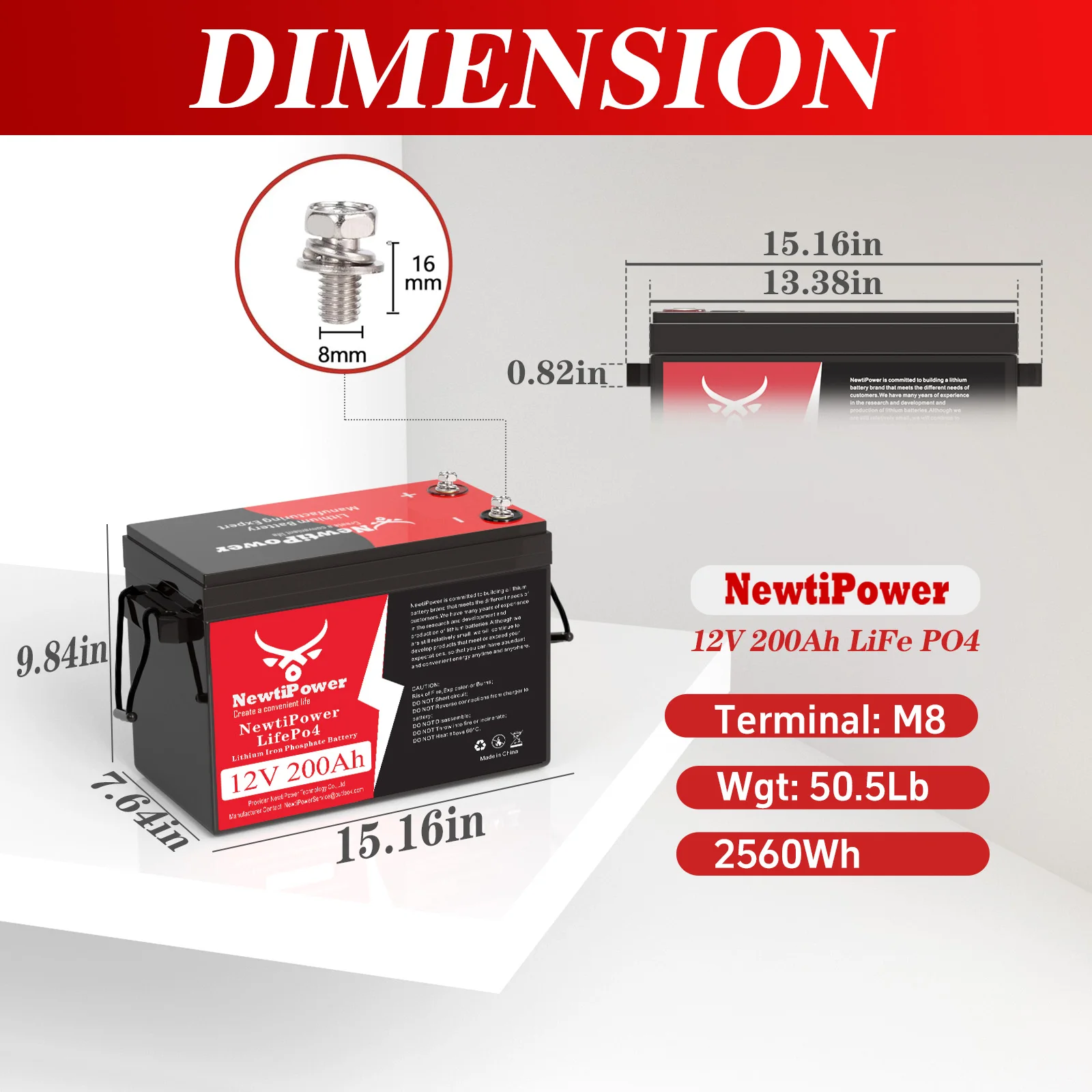 NewtiPower 12V 200Ah LiFePO4 Lithium Iron Phosphate Battery Built-in BMS, Deep Cycle Battery for Solar System RV Camping Boat Off-Grid Energy Storage