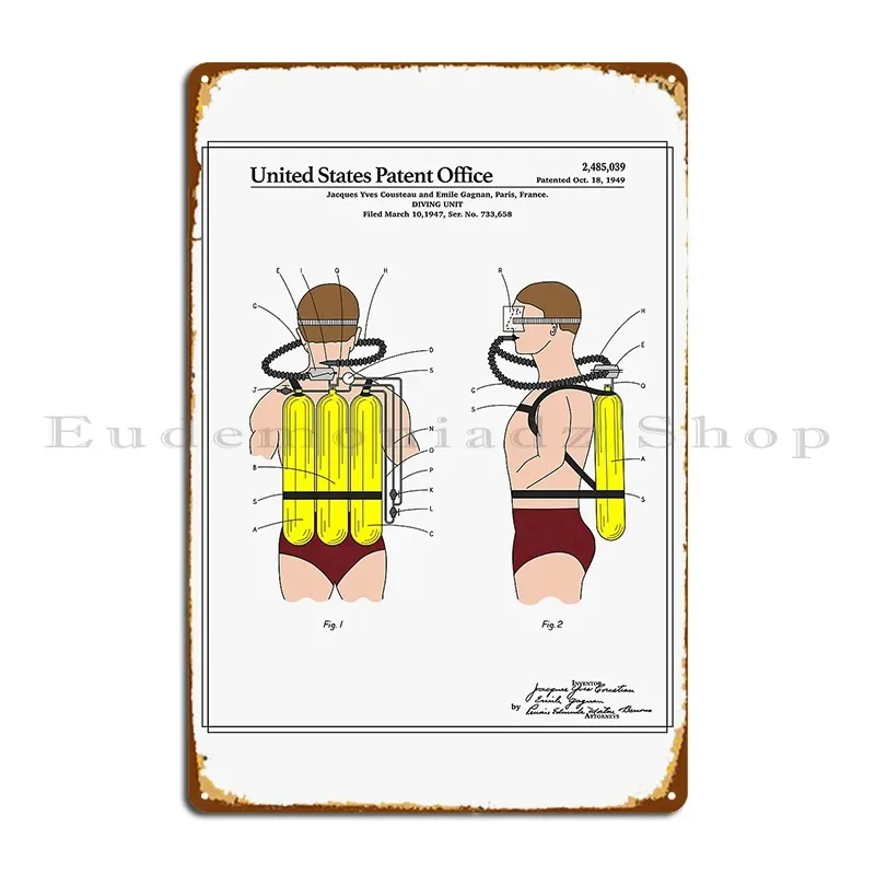 Jacques Cousteau Diving Unit Patent Metal Sign Poster Cinema Party Cinema Print Club Bar Tin Sign Poster