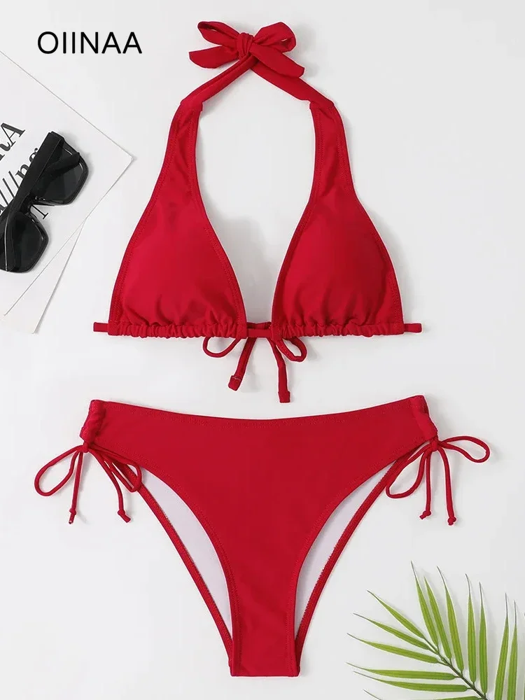 OIINAA Swimwear Women Sexy Halter Solid Bikini Set Drawstring Lace Up Swimsuit Bow Tie Biquinis Two-piece Bathing Suit Summer