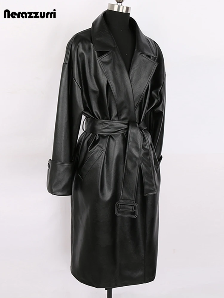Nerazzurri Spring Autumn Long Oversized White Brown Black Pu Leather Trench Coat for Women Belt Runway European Fashion 2022