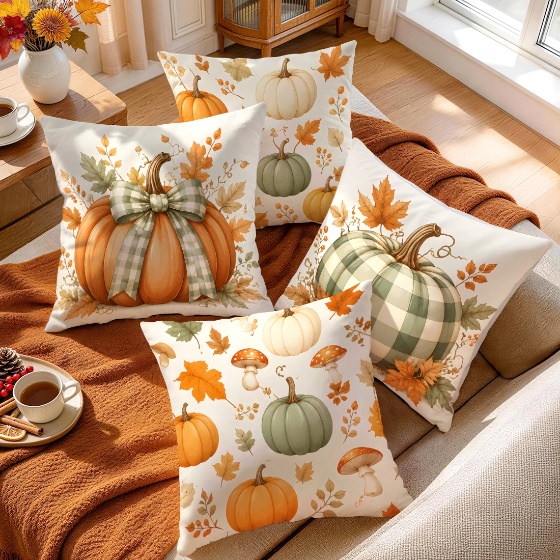 Plaid Bow Pumpkin Maple Leaf Cushions Pillowcase Polyester Cushion Cover Throw Pillow Pillowcover Home Car Sofa Decor