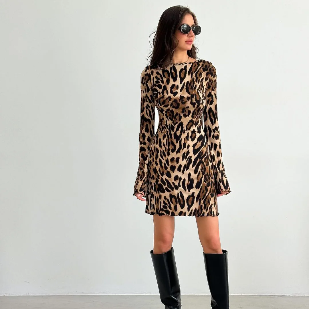 2024 Leopard Print Mesh Long Sleeve Sexy Slim See Through Maxi Dress Summer Women Fashion Outfits Beach Vacation Club