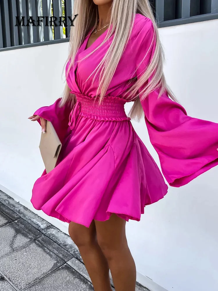 

Spring Summer Elastic Waist Lady Solid Dress Elegant Women Flare Sleeve Loose Mini Dress Streetwear Casual Ruffles Holiday Dress