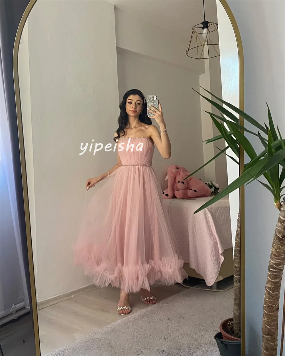 Customized Chinese Style Net Draped A-line Strapless Midi Dresses Homecoming Dresses Formal Casual Simple Retro Fashion Elegant