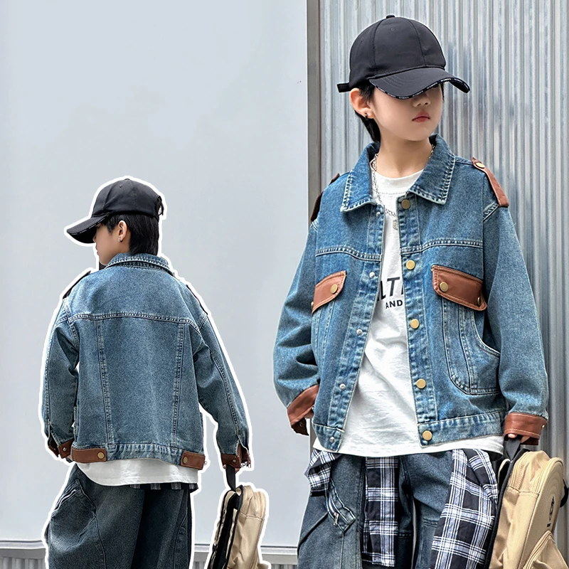 

Autumn Fashion Boys Clothes Children Boys Denim Jacket With Leather Cuff Stylish Casual Clothing for Kids Teenagers 5 7 9 12 14Y