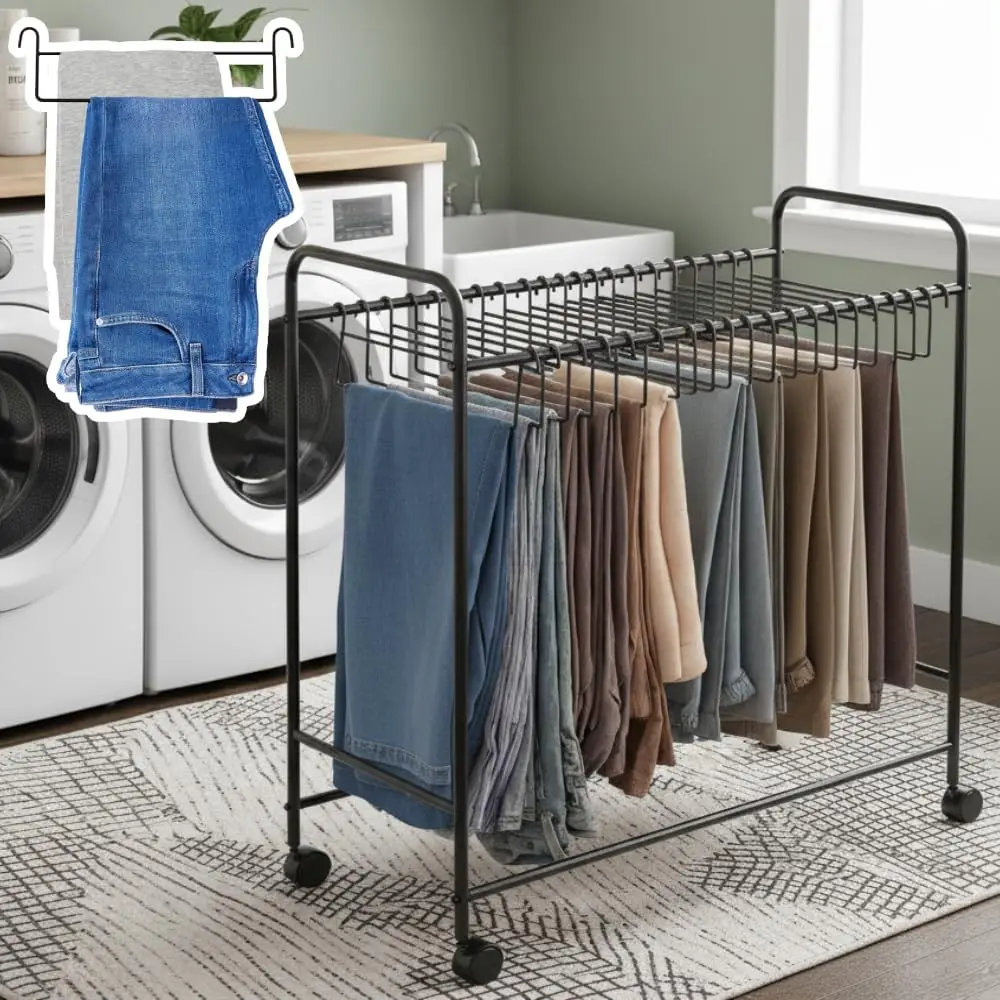 

Pants Organizer Rack Trolley with 24 Double Hangers Rolling Trouser Metal Rack, Space Saving Closet - 48 Storage Pants J