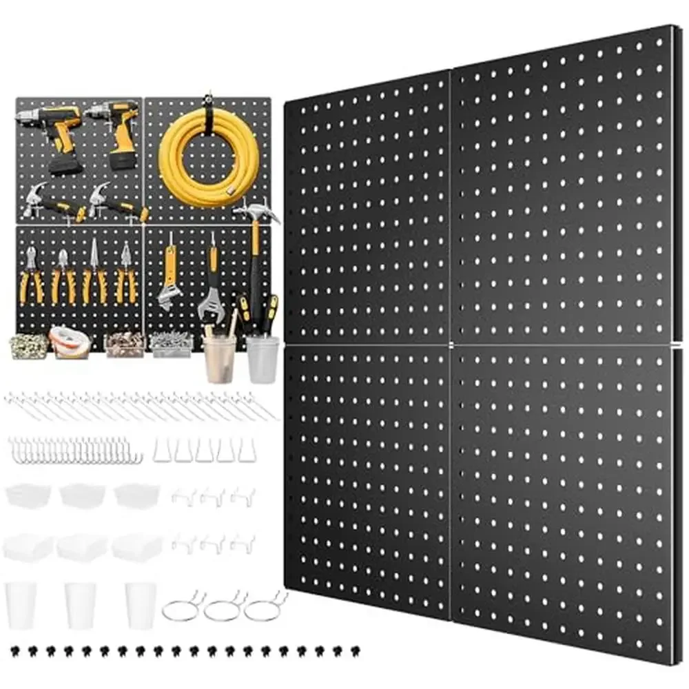 Heavy Duty Metal Pegboard Organizer Kit 78Pcs Wall Peg Board with Hooks Bins Tool Racks Black