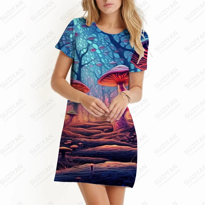 Vestido solto de manga curta para senhoras, cogumelo colorido, impressão 3D, moda, versátil, casual, feriado, festa, verão