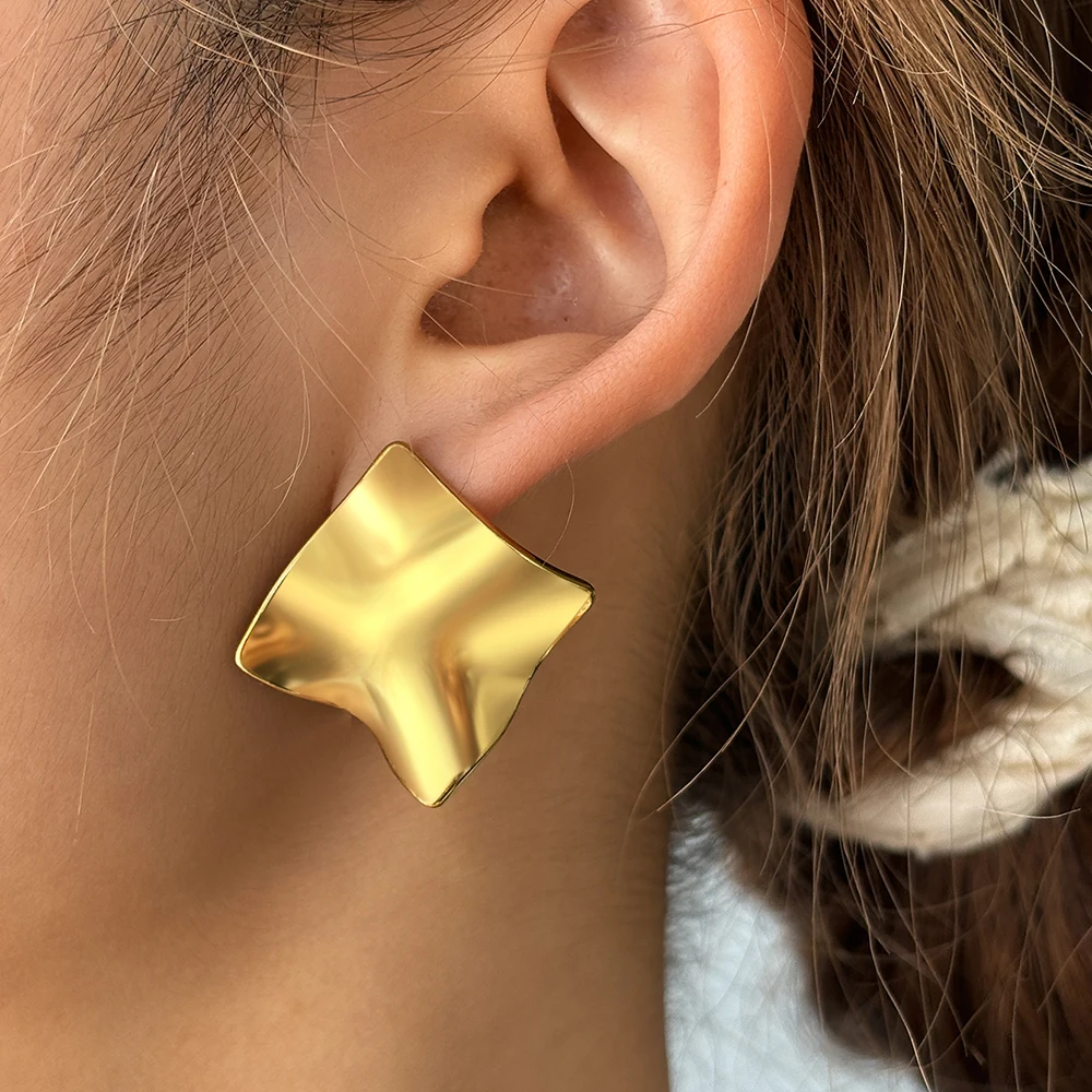 Stainless Steel Stud Earrings Simple Irregular Quadrilateral Concave Fold Texture Stud Earrings For Women Jewelry Daily Wear