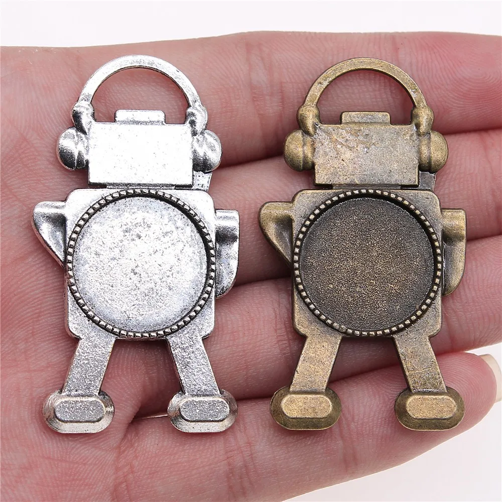 WYSIWYG 2pcs 20mm Inner Size Antique Bronze Antique Silver Color Robot Steam Punk Cameo Cabochon Base Setting Charms Pendant