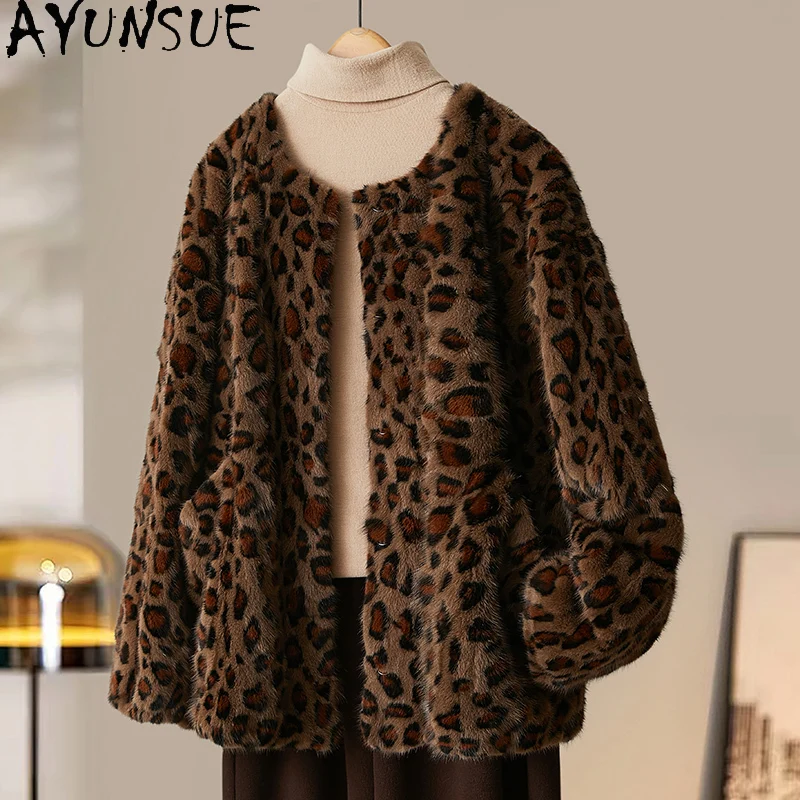 AYUNSUE Prawdziwy Płaszcz z Futra Norki Damski Luksusowe Płaszcze z Prawdziwego Futra Modne Płaszcze Damskie w Leopardzi Wzór Zimowa Kurtka Шуба Женская