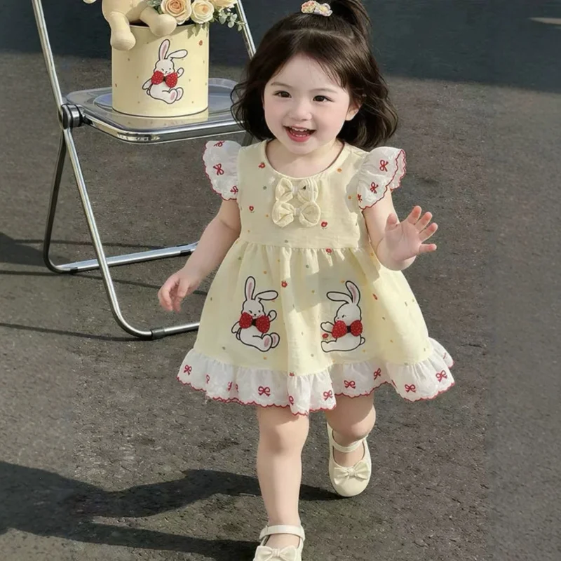 Children's clothing, girls' dress, summer baby girl cartoon bunny bow single-layer cotton princess dress
