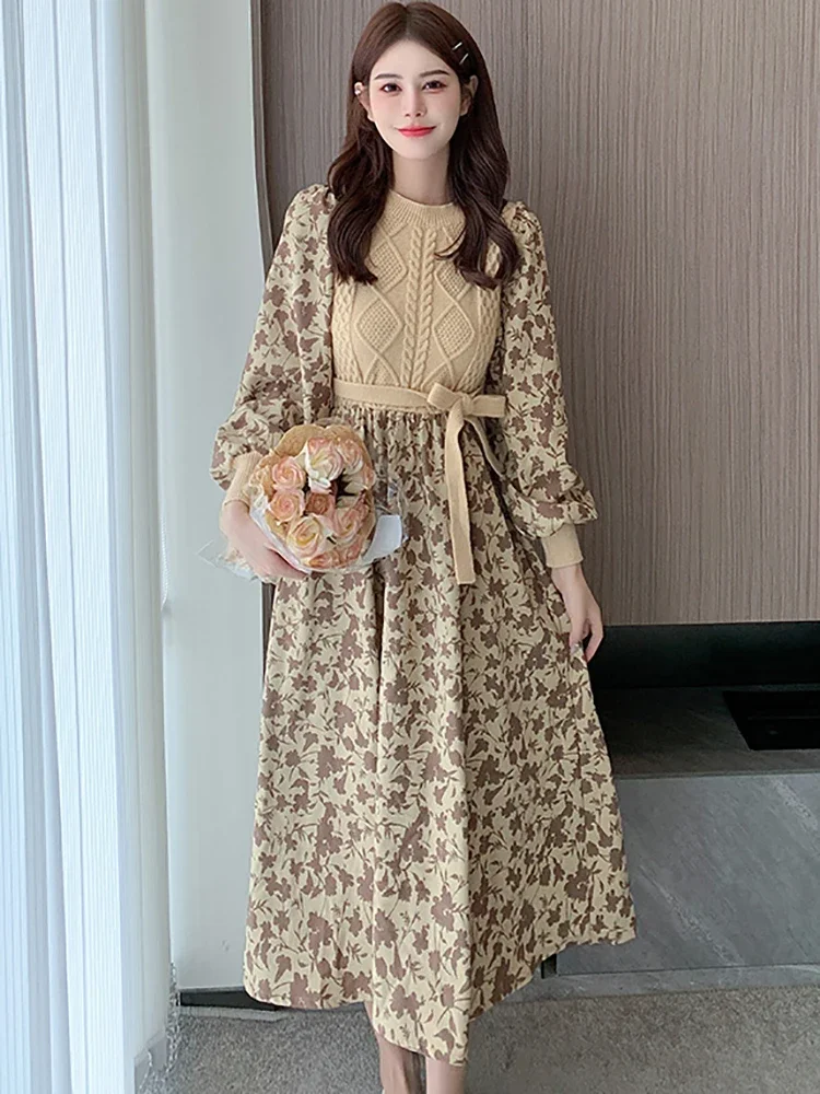 Women Korean Elegant and Pretty Dress Autumn Winter Chic Floral Patchwork Knitted Dress 2024 New Fashion Chic Ruffled Long Dress