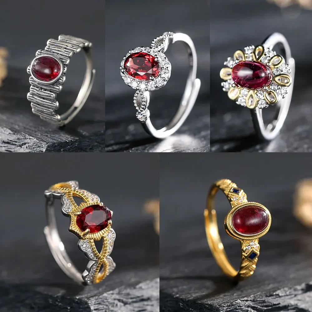 

S925 sterling silver crystal ring with natural oval garnet bohemian style women's ring, birthday gift, jewelry accessories