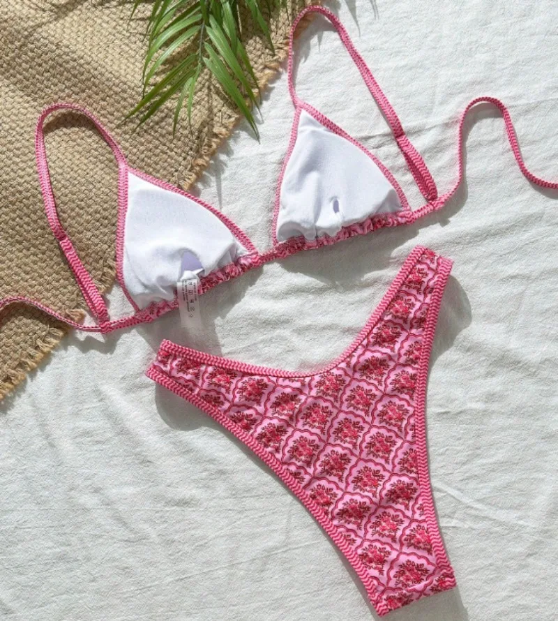مثير الوردي زهرة طباعة البيكينيات مجموعات قطعتين biquini ثونغ ملابس السباحة conjunto دي بيكيني Tankini بحر تريكيني