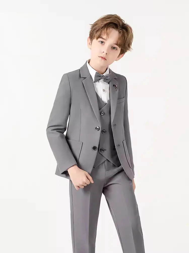 Gentleman Kids Beige Jacket Vest Pants Bowtie Brooch Photograph Suit Children Piano Dress Boys Easter Host Performance Costume