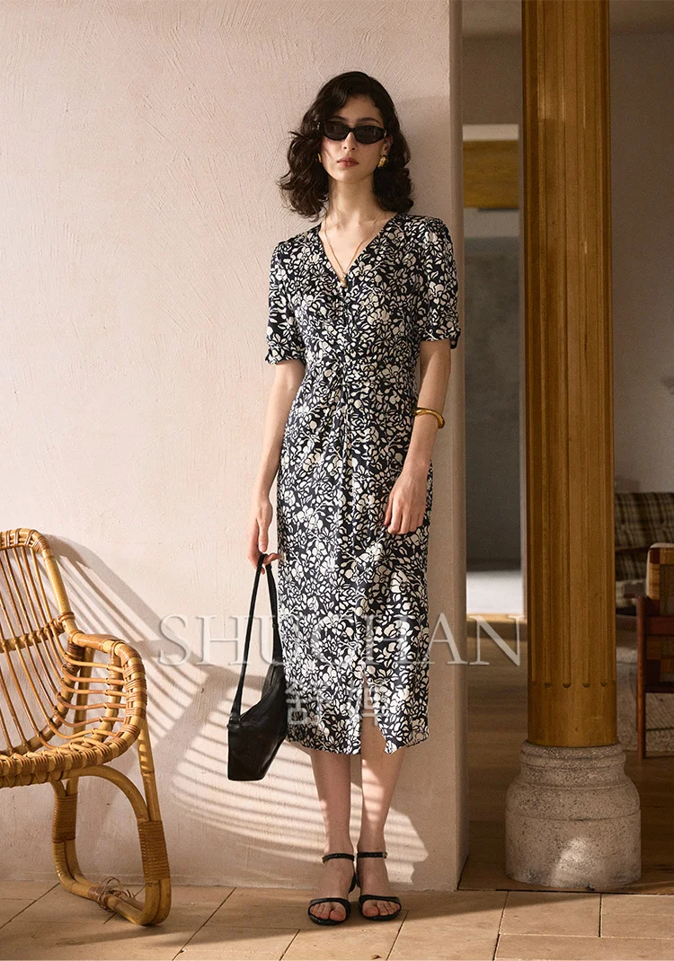 

New French High-end Coffee Break Dress Silk V-neck Pleated and Thin Dress Q37392 Vestidos De Verano Mujer 2025
