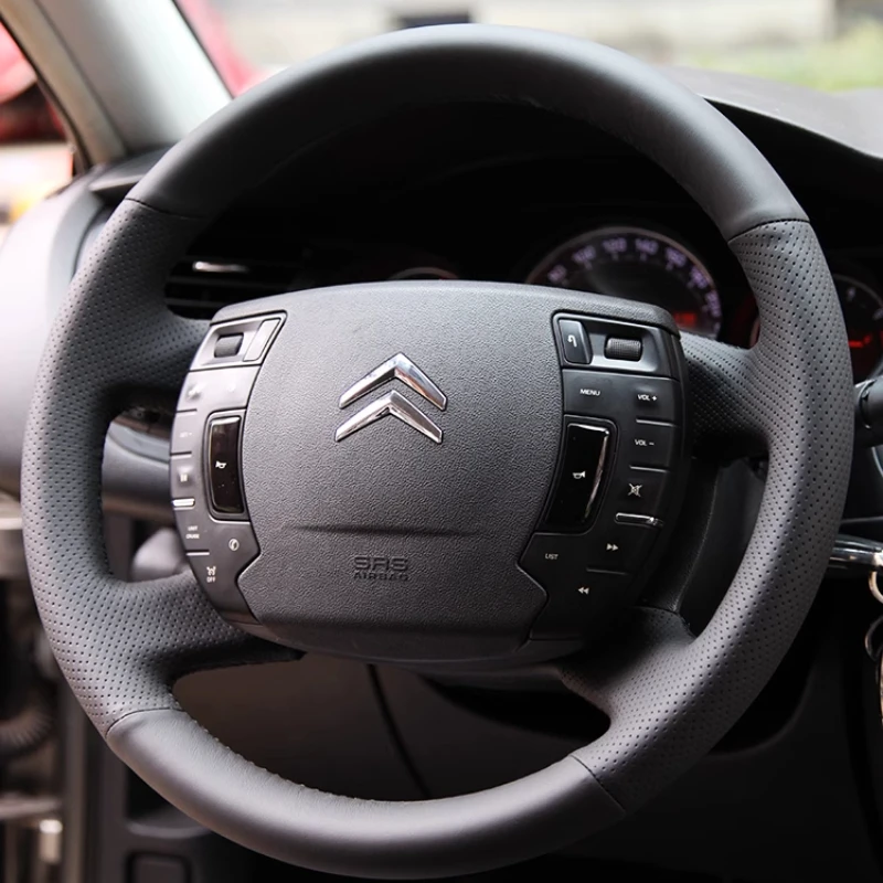 

Для Citroen C5 2008-2017, прошитый вручную нескользящий износостойкий черный чехол на руль автомобиля из натуральной кожи