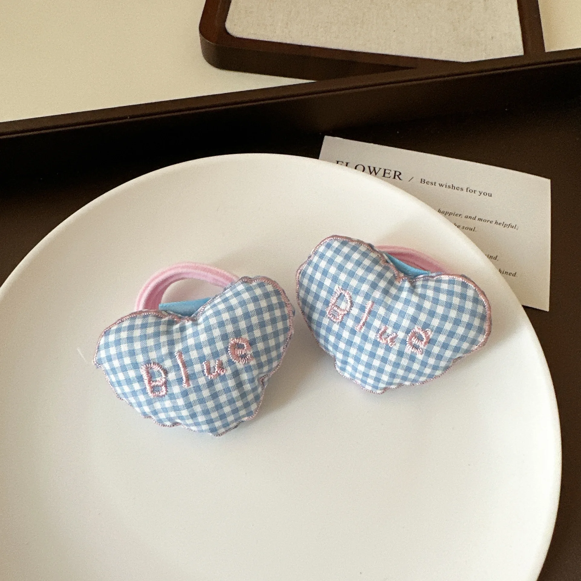 Cute Elastic Hair Ties Embroidered Plaid Heart for Girls Ponytail Holders Soft Non Slip Premium Daily Essential Braiding Hair