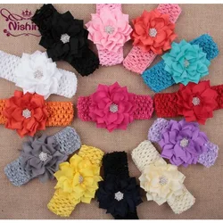 1PCS Lotus Flower with Star Rhinestone Button Children Headband Crochet Kids Girls Headwear Hair Accessories