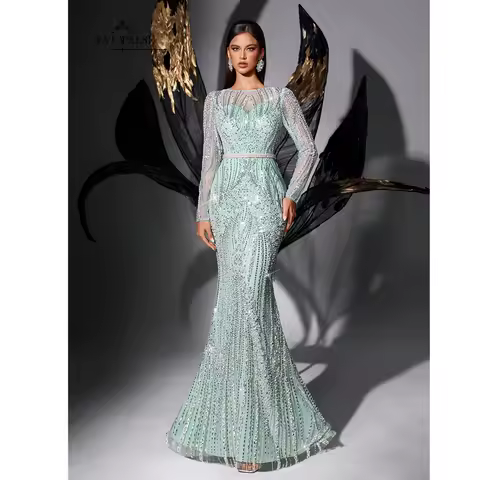 FATAPAESE Arabic Dress Luxury Evening Dresses Long Sleeve Mermaid Prom Dresses Sage Green Pearls Belt Seuquins Beads Party Dress