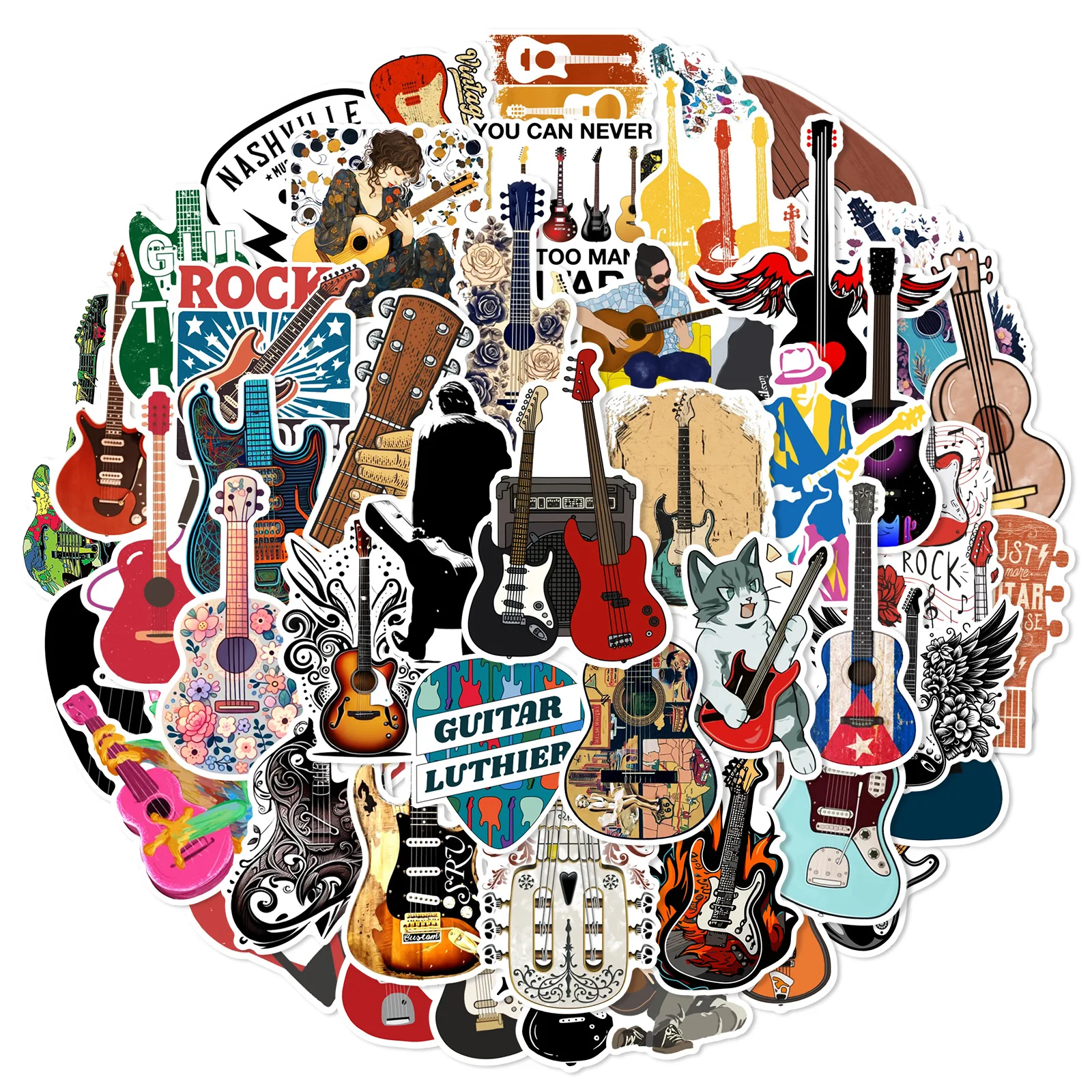 50Pcs Guitar Instrument Doodle Stickers Waterproof Removable Notebook Skateboard Luggage Decoration Music Stickers