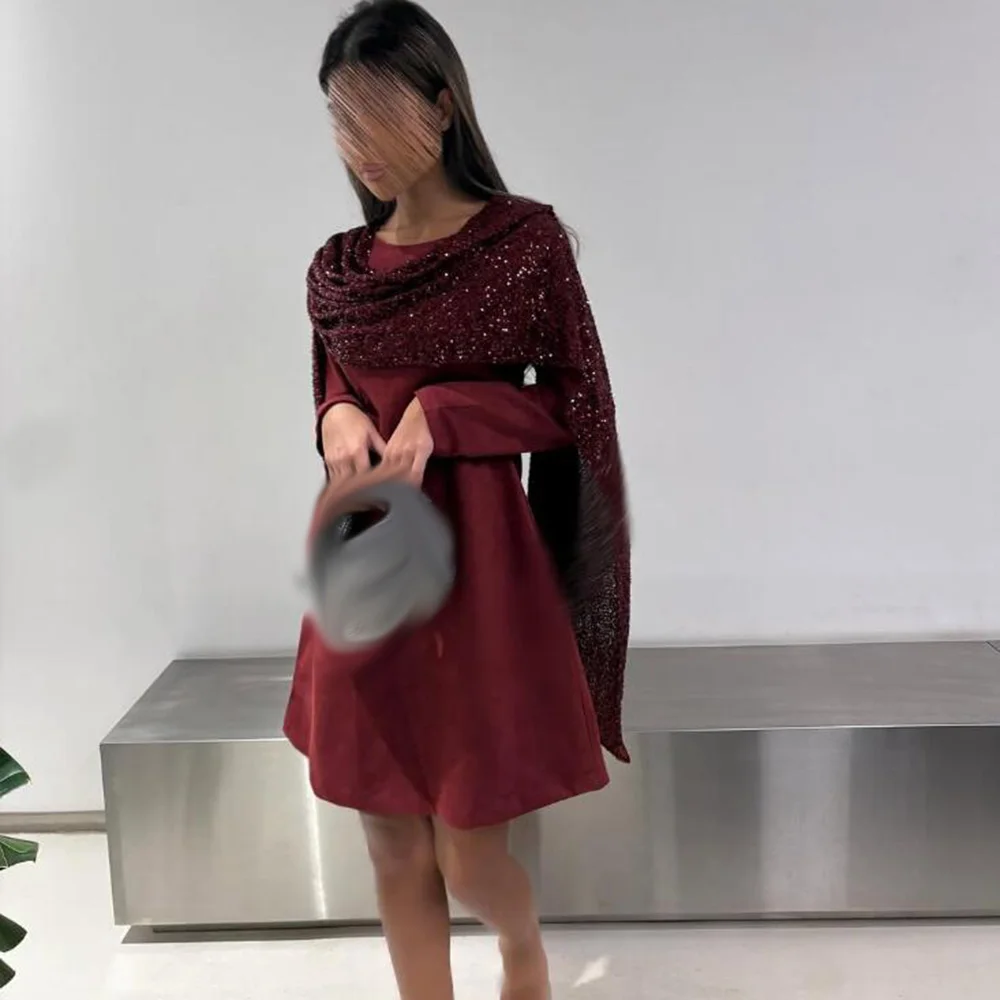 

Customized A-Line Mini Prom Dresses O-Neck Full Sleeve Party Dresses Simple Fashion Sequined Draped Casual Homecoming Dresses