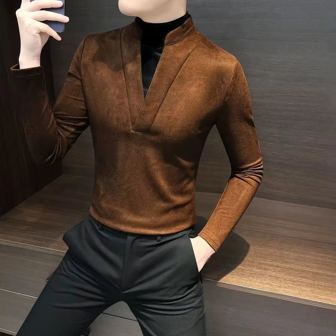 

Men's Winter Jacket Handsome Korean Version Fake Two-piece Shirt Men's Thick V-neck Handsome Long-sleeved Top Splicing