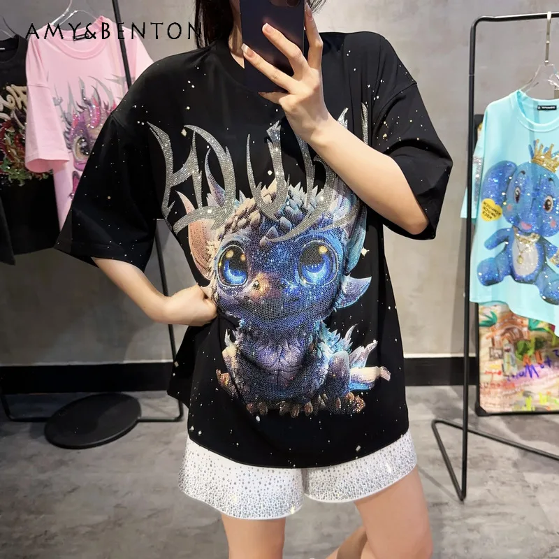 New Fashion Cartoon Heavy Embroidery Diamond Drills Oversize Splash-Ink Short Sleeve Design Men's And Women's Sweet Cool T-shirt