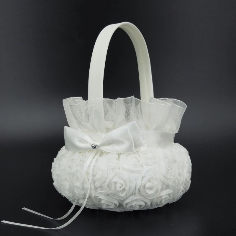 Lace Bowknot Flower Basket Party Home Decor-gift Woven Flower Girl Basket Hand-held Basket Elegant Wedding Supplies