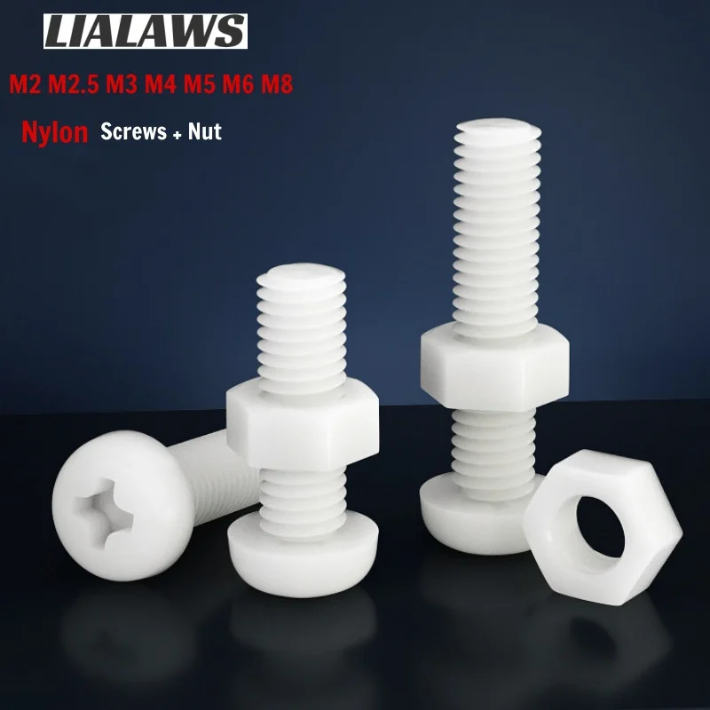 M2 M2.5 M3 M4 M5 M6 M8 White Nylon Plastic Phillips Pan Head Screws Nut Metric Thread Cross Round Bolt Insulated Flame-Retardant