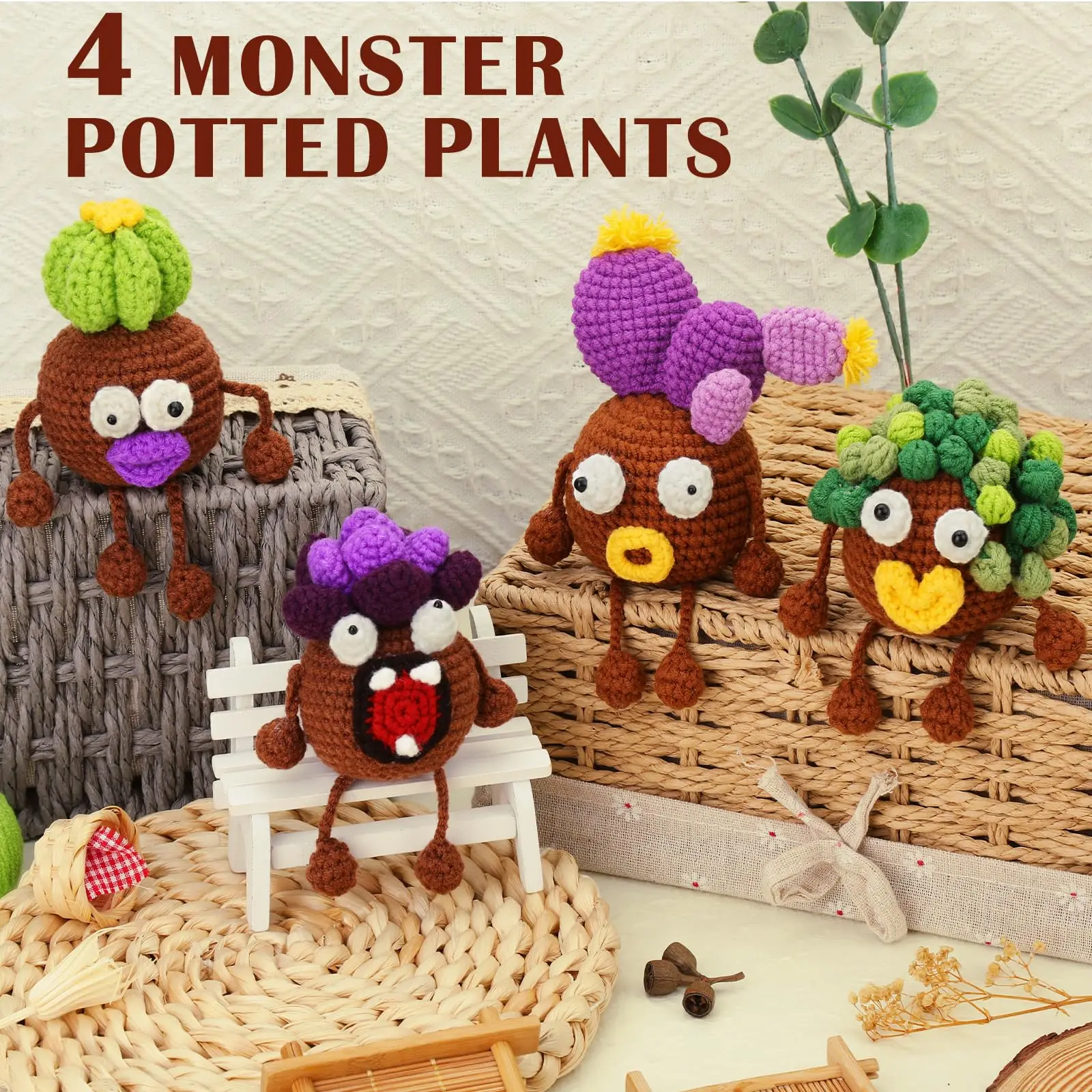 Fenrry 4PCS Potted Plants Crochet Plant Starter Kit with Step-by-Step Video Tutorial Knitting Supplies Adult Crochet