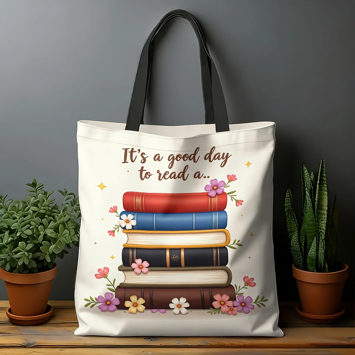 1pc Printed Tote Bag, Stacked Colorful Books, Floral Accents, and 'It's a Good Day to Read A..' Text Print, Large Capacity