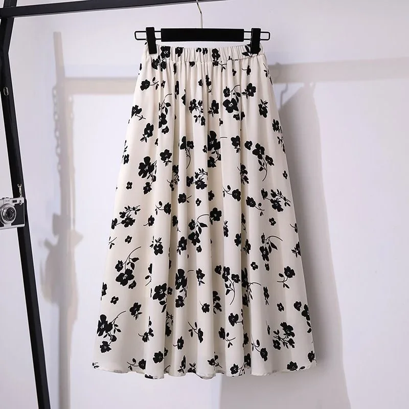 Plus Size Floral Print Elastic Waist A-Line Midi Skirt Women Summer Casual High Waist Umbrella Skirt Trendy