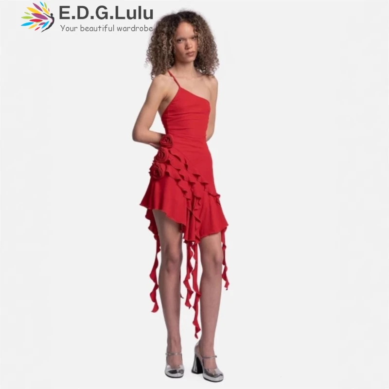 

EDGLuLu One Shoulder Backless Sexy Dresses Woman High Waisted 3d Flower Splicing Asymmetric Ruffle Edge Ribbon Mini Dress 0630