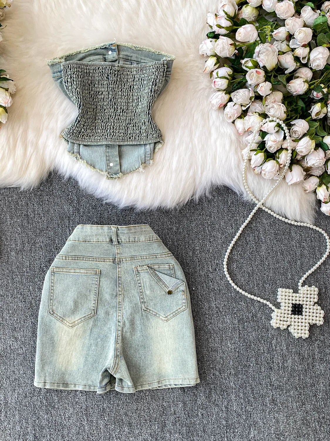 

Spicy Girl Retro Off-oulder Denim Vest Design Fringed Top Set High Waist Slimming ort Skirt Pants Faionable Women's Set