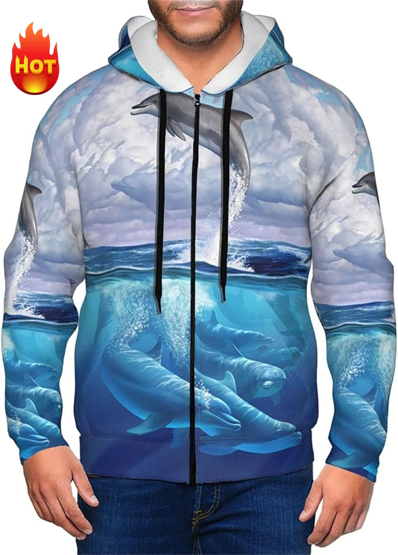 Men Zip Ip Hoodies Dolphin Animal Printed Pullover Men's Casual Hoodie Spring Autumn Hoody Clothing Vintage Men's Sweatshirt