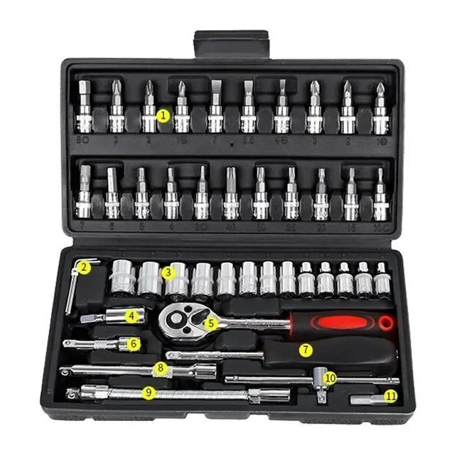 NIEUWE Auto Reparatie Tool Kit 46/53 Stuk/set 1/4-Inch Socket Set Auto Reparatie Tool Ratel Momentsleutel combo Auto Repareren Tool Set