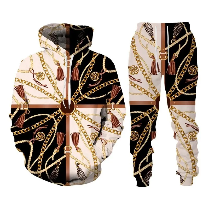 Fashion Luxury Golden Pattern Men Hoodie Sets 3D Print Sweatshirt Hooded Sweatshirt Oversize Sportswear Trousers Suit clothing