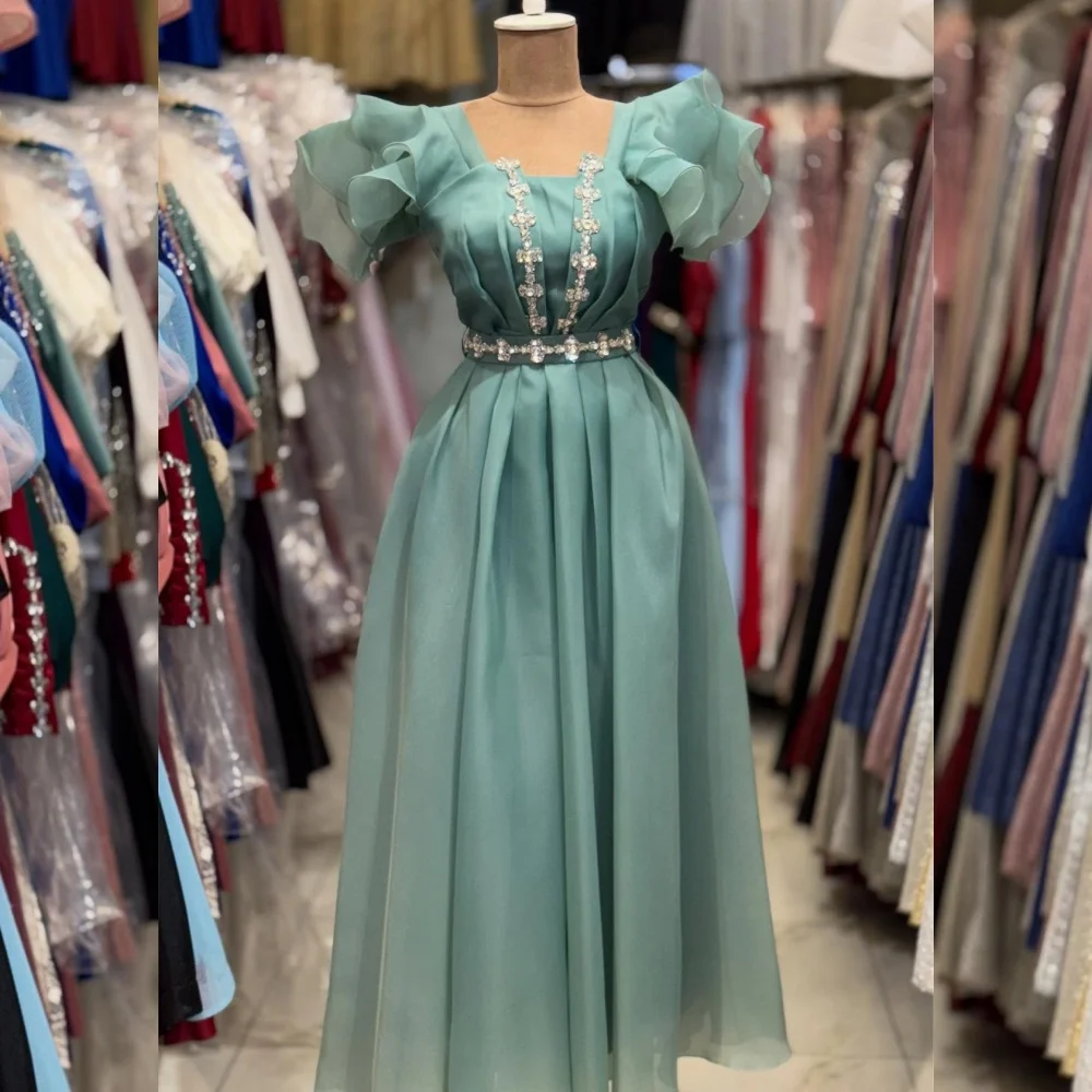 

Customized Chinese Style Organza Sequined Pleat A-line Square Neck Midi Dresses Bespoke Occasion Simple