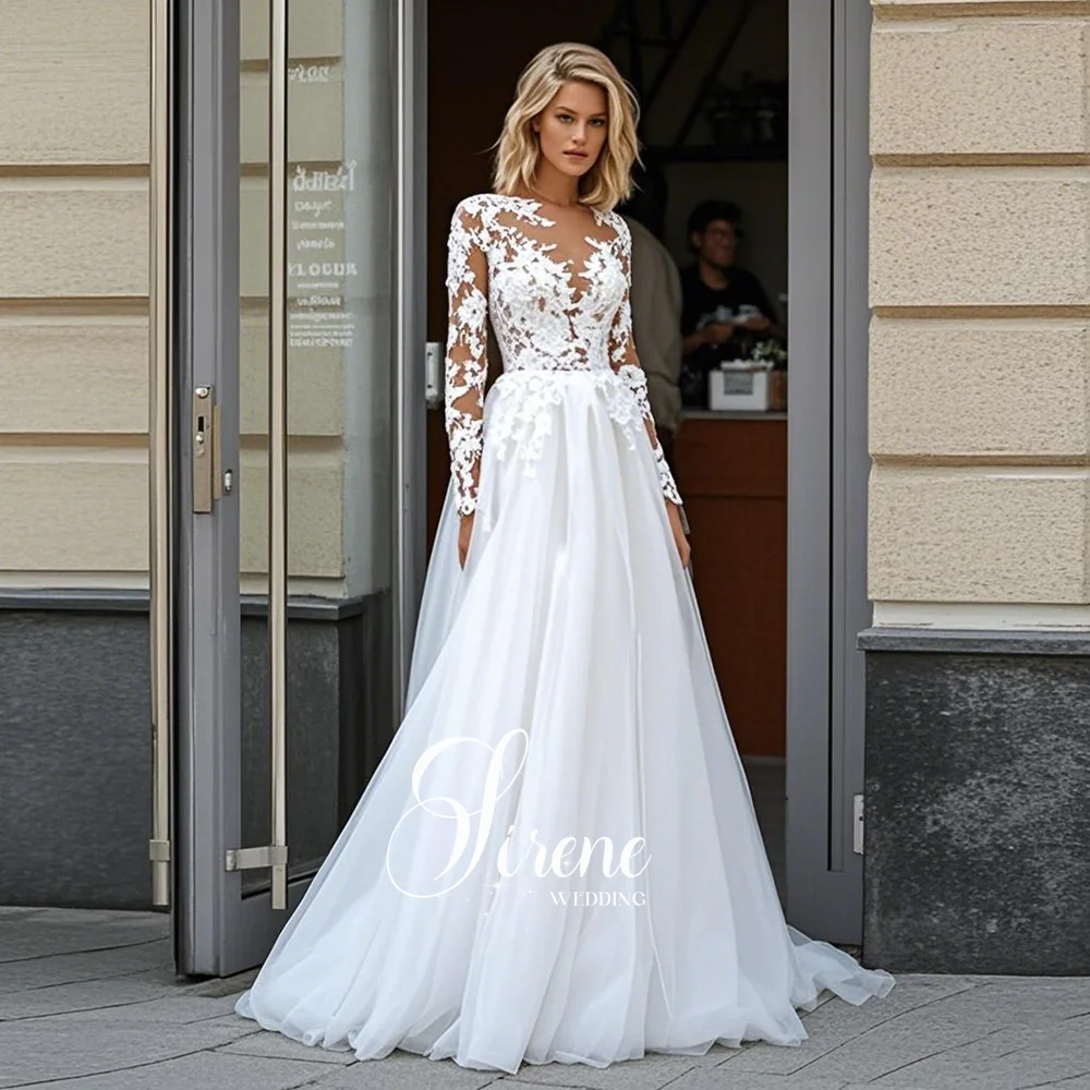 

Sirene Scoop Neck Applique Long Sleeves Wedding Dress for Women A-Line Lace Backless 2025 Simple Elegant Bridal Gowns Customized