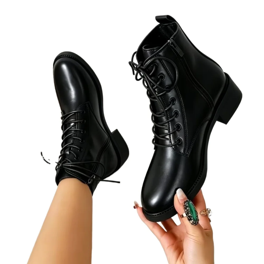 Damen Mode-Stiefeletten mit Rundem Zeh, Niedrigem Absatz, Rutschfest, Bequem, Ganzjährig Tragbare Damenschuhe, Glatte PU-Kampfstiefel – Detail 9