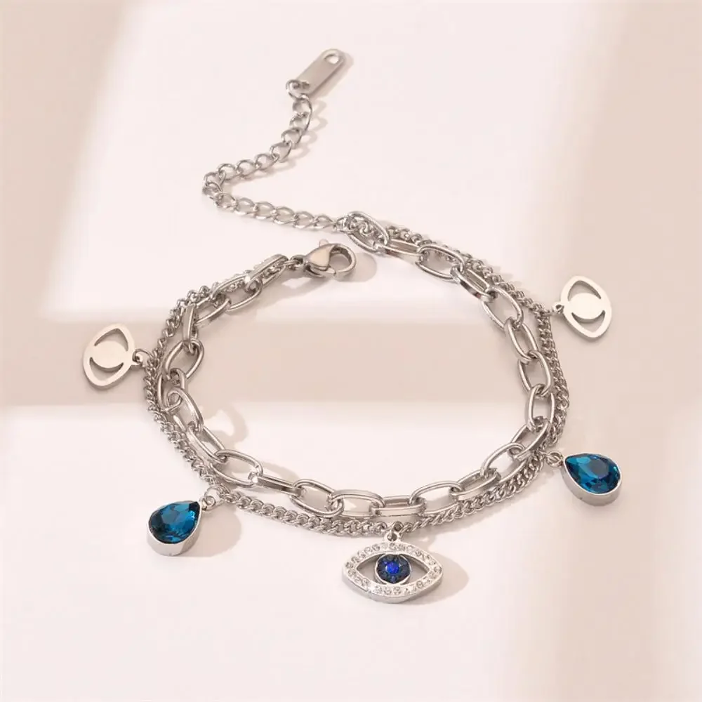 Stainless Steel Double Layer Evil Eye Charm Bracelet For Women Girl Luxury Vintage Bangle Birthday Party Wrist Jewelry Gift New