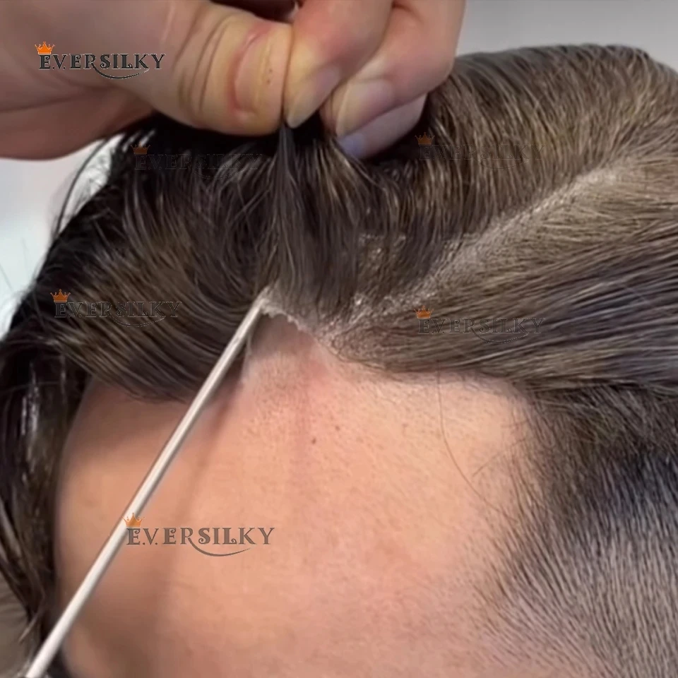 

Мужской парик-накладка из натуральных волос, 80% плотность, коричнево-русый, с ультратонкой невидимой основой 0.02 мм, система замещения волос для мужчин