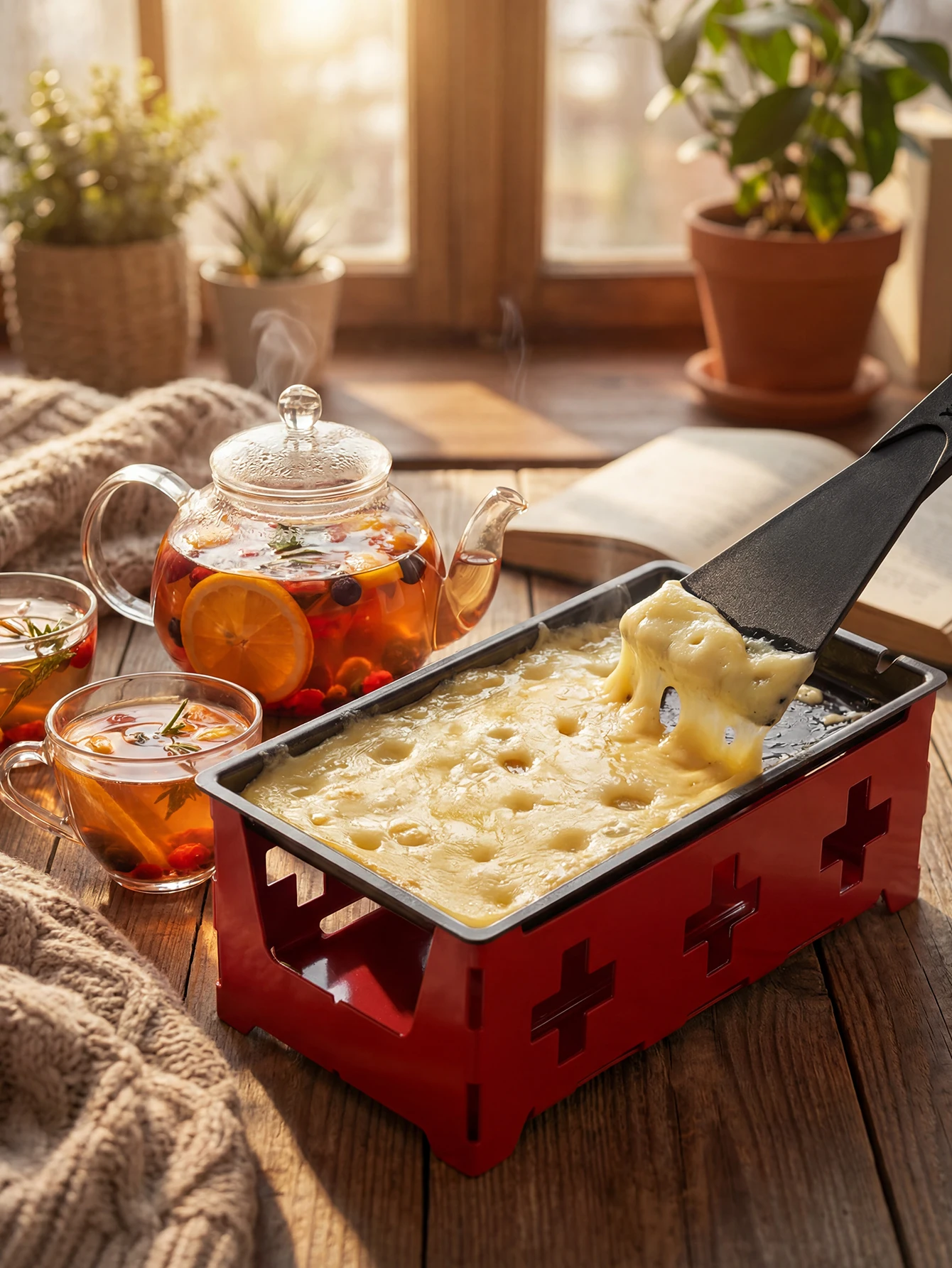 Conjunto de Grelhador de Queijo Raclette Rotaster Portátil com Bandeja Antiaderente, Cabo de Madeira e Espátula para Cozinha Doméstica