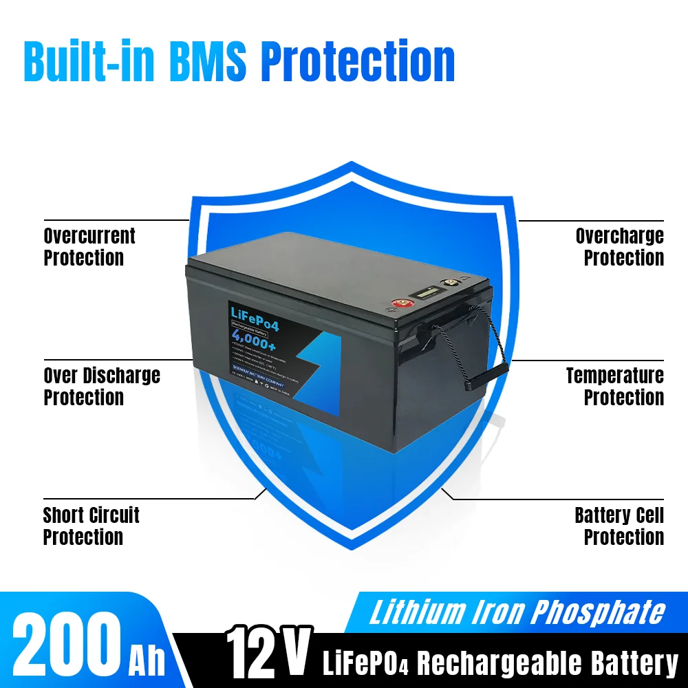 12V 200Ah Lifepo4 Battery Pack Built-in BMS + Active Balancer Optional Bluetooth Deep Cycle for RV Outdoor Solar Energy +Charger