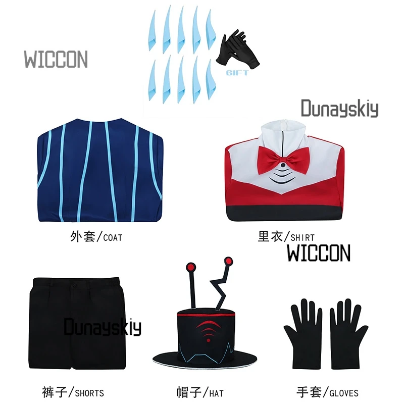 مجموعة كاملة من أزياء Hazbin Vox بدلة أنيمي باللون الأزرق والأحمر مع ملحقات ثلاثية الأبعاد معطف موحد للبالغين في كرنفال الهالوين وعيد الميلاد