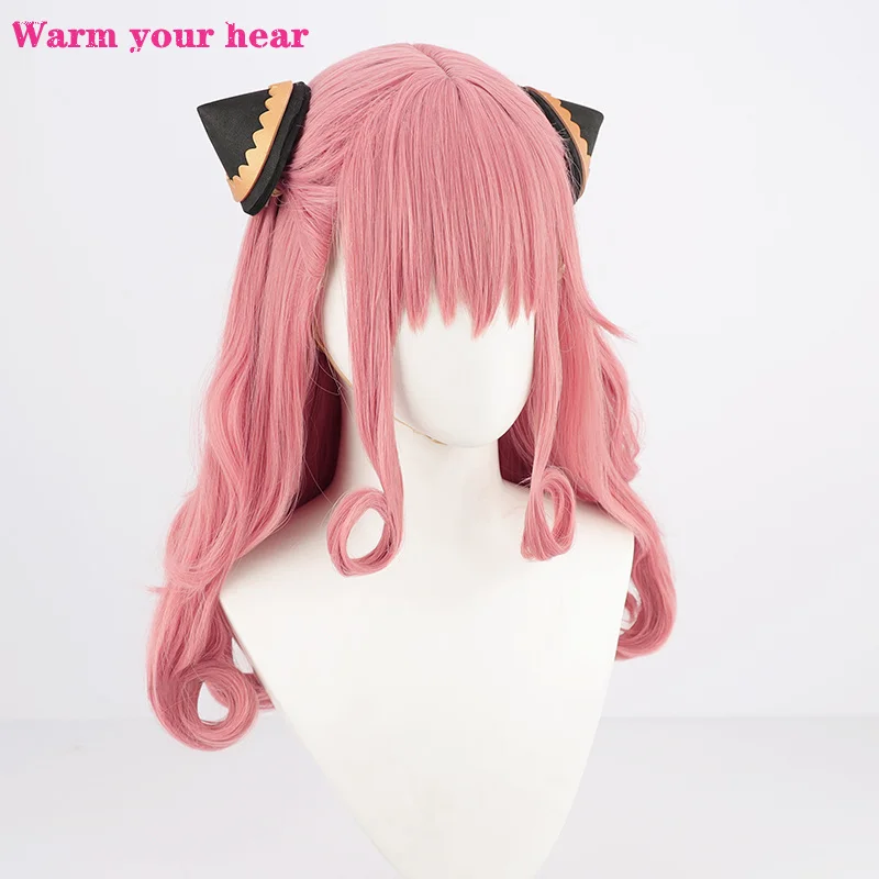 Anya Forger Peruca Cosplay com Headwear, Sintético Anime, Cabelo Encaracolado Rosa Longo, Resistente ao Calor, Perucas de Festa, Boné, Aldult, 58cm