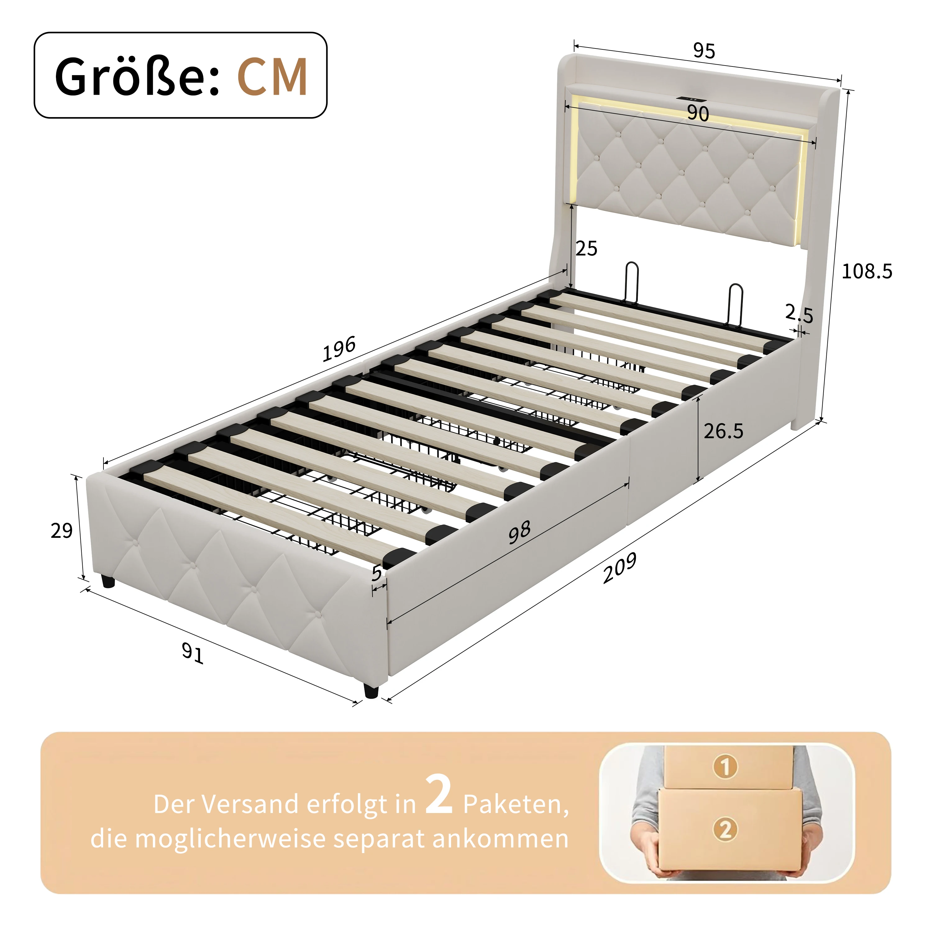 Eenpersoonsbed 90 x 200 cm, kinderbed, jeugdbed, met LED en oplaadpoort, opbergbed, jeugdbed, beige fluwelen stof